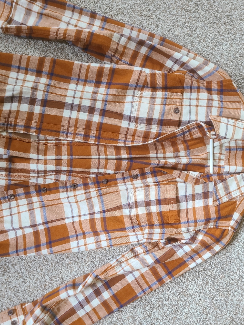 Duluth Trading Co Orange and White Plaid Button-Down Shirt